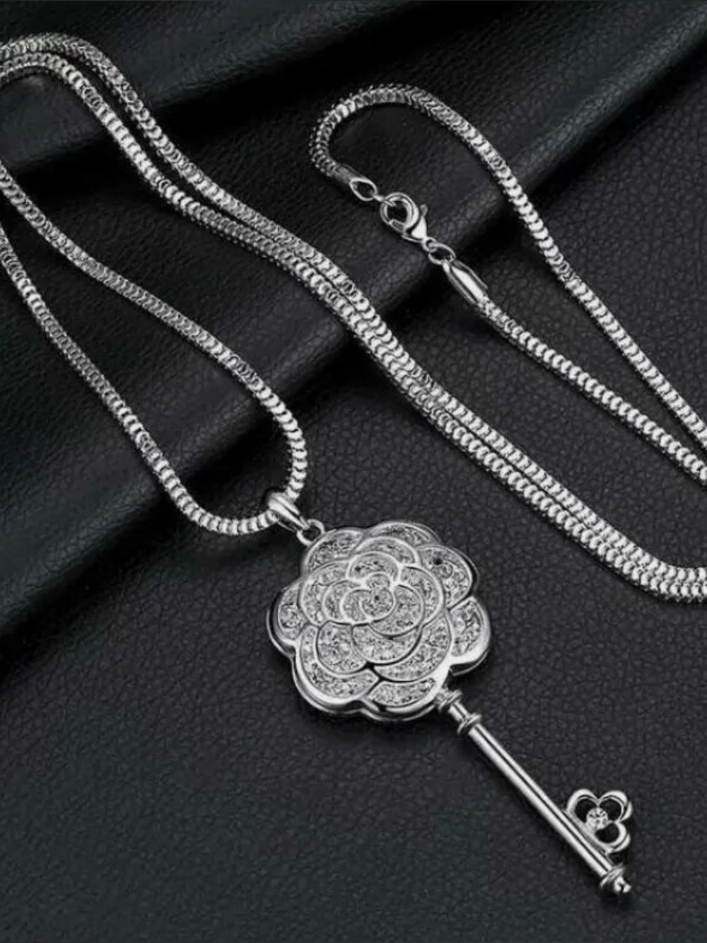 Fashion Rose Flower Rhinestone Key Crystal Long Necklace Sweater Chain Women New